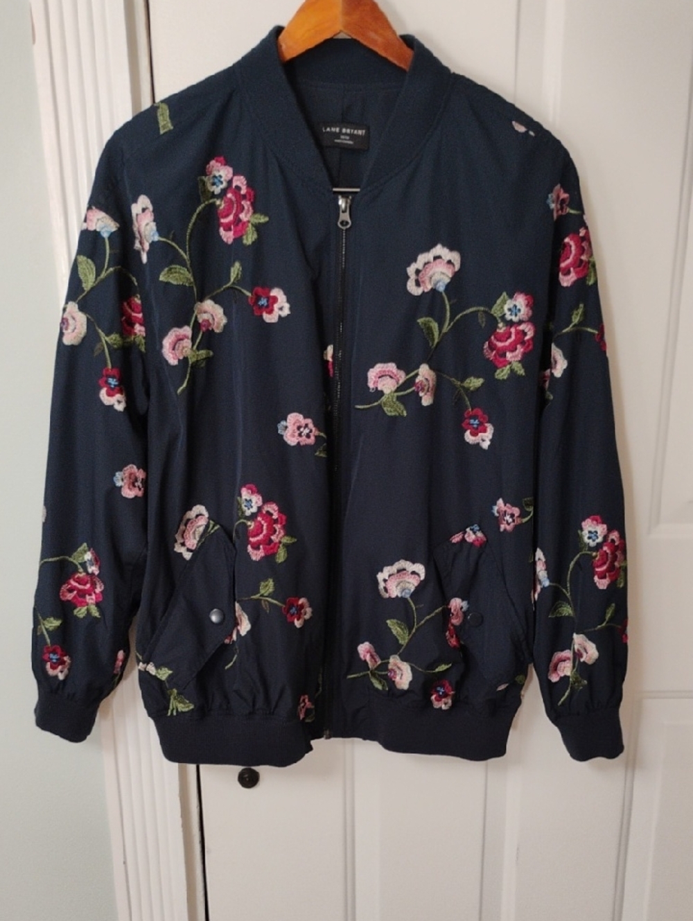 Lane Bryant Navy Floral Embroidered Bomber with Pink & Red Blooms